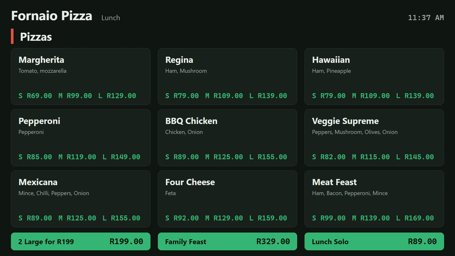 Menu board on a TV showing Fornaio Pizza's lunch menu: pizzas with small, medium and large prices, and deals for 2 Large for R199, Family Feast and Lunch Solo.