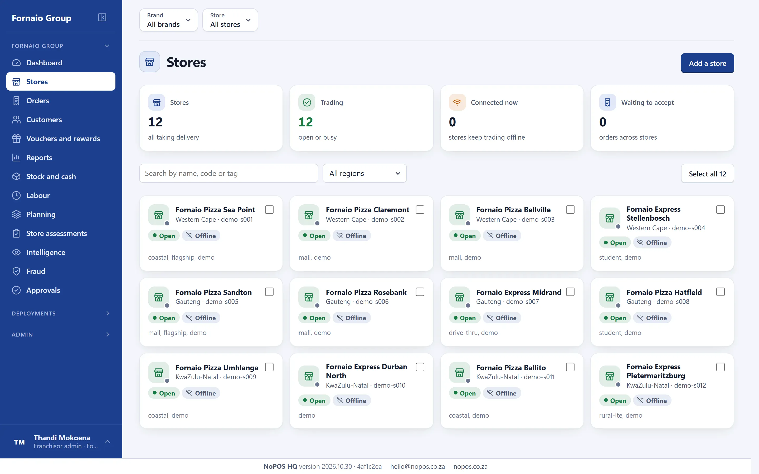 HQ store grid: twelve stores across Western Cape, Gauteng and KwaZulu-Natal, each with trading status and connection.