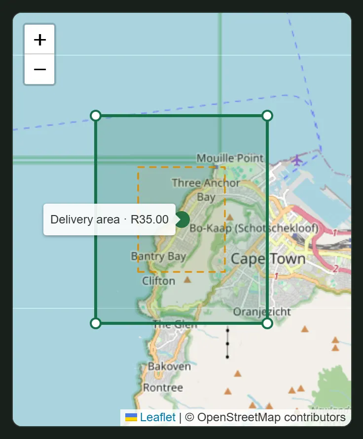 Delivery zone editor on a map of Sea Point and Cape Town, with the delivery area and a smaller dashed Friday peak zone.