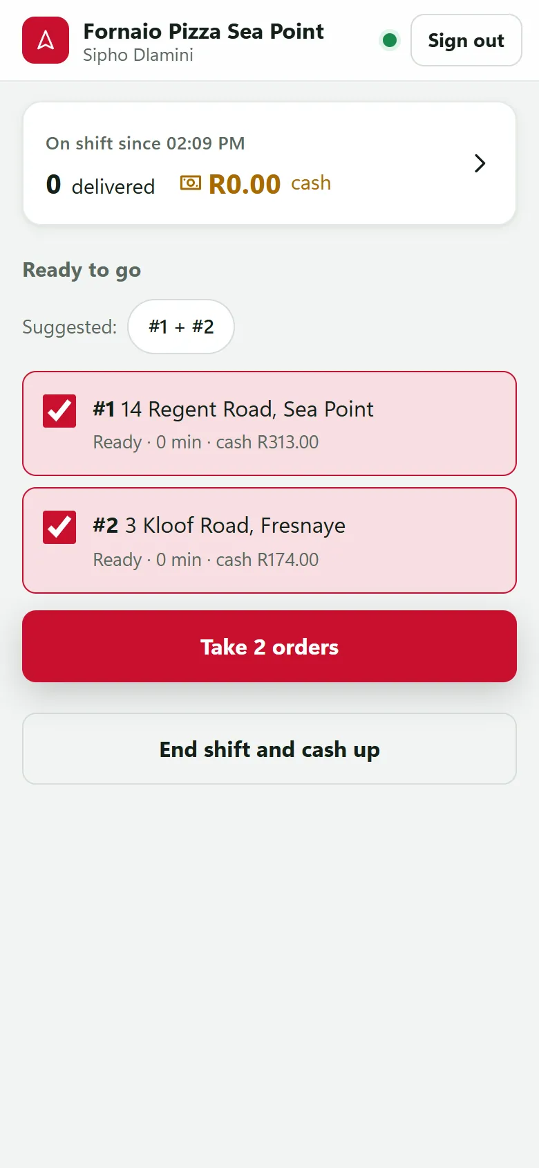 Driver app: two delivery orders ready to go with their addresses, and a Take orders button.