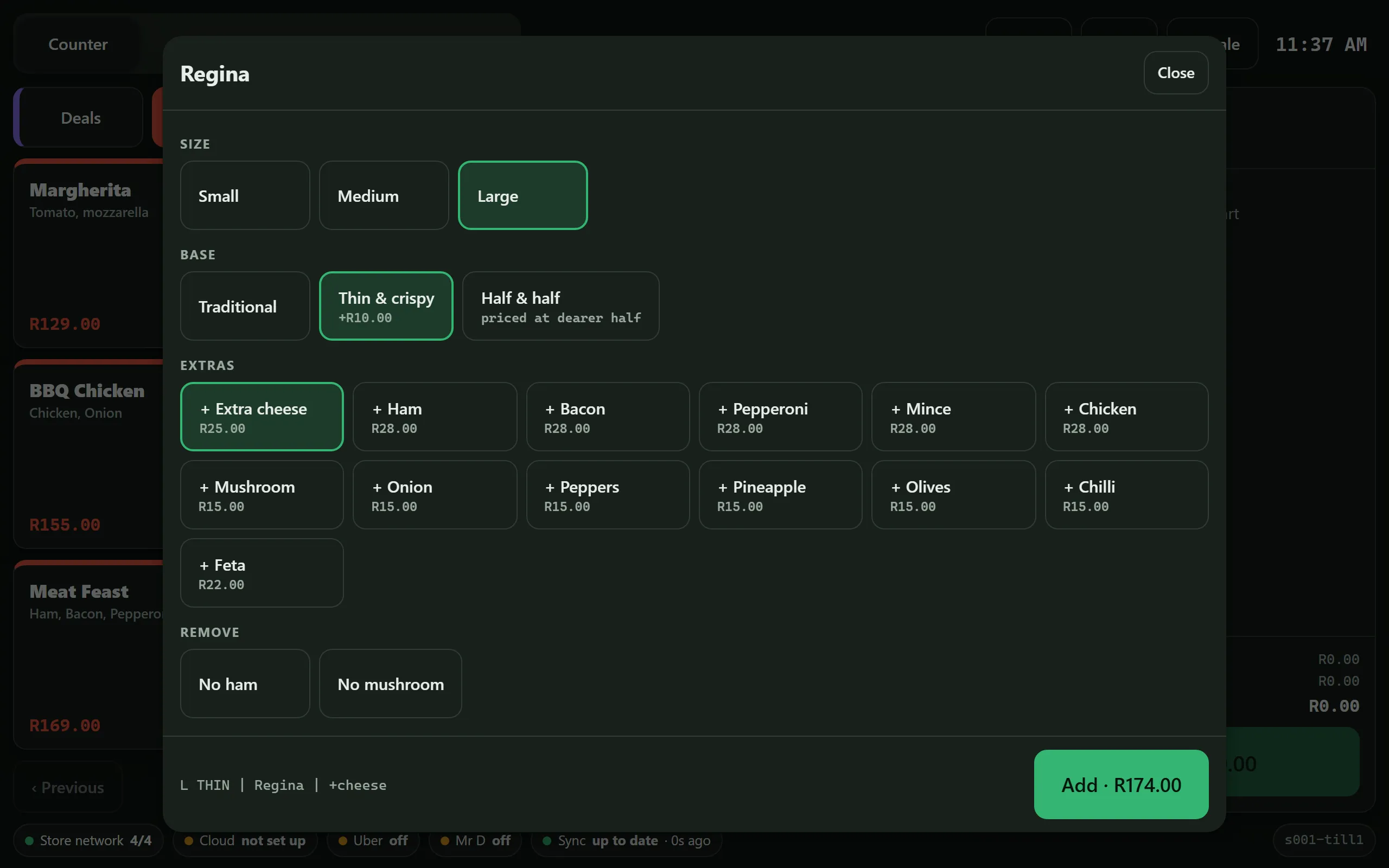 Pizza builder on the till: size, base, half and half, extras with prices and removals, with an Add button showing the price.